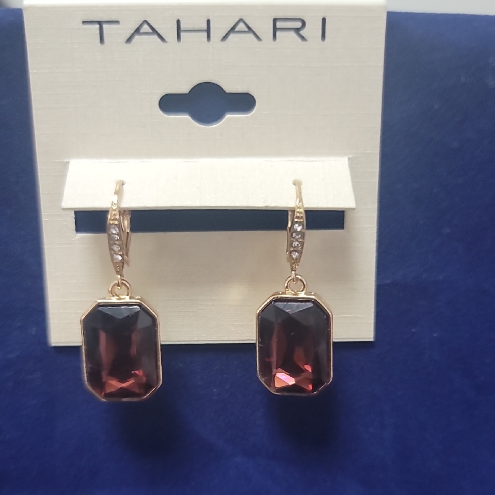 Tahari Gold-Tone Dark Burgundy Emerald-Cut Crystal Drop Earrings - Picture 2 of 11